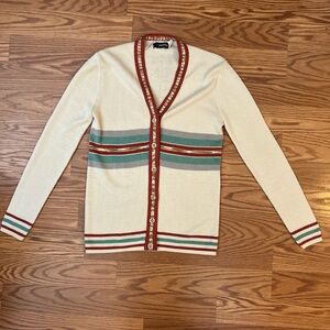 Vintage 1970s-80s Panther Cream Knit Cardigan with Stripe Details